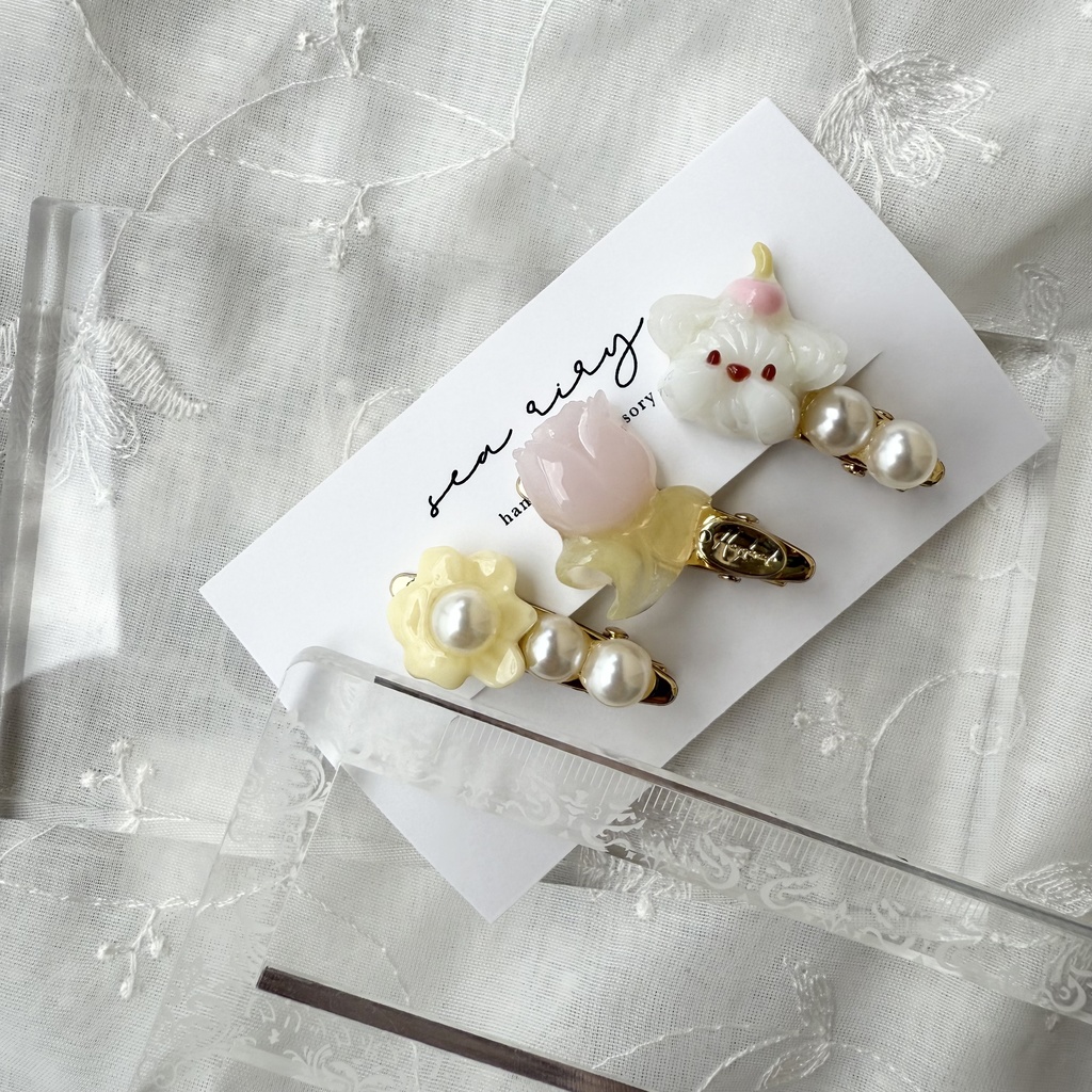 no.125 限定セット ホイップわんちゃんとチューリップのミニヘアクリップ 3本セット お花 いぬ わんちゃん パール ヘアクリップ