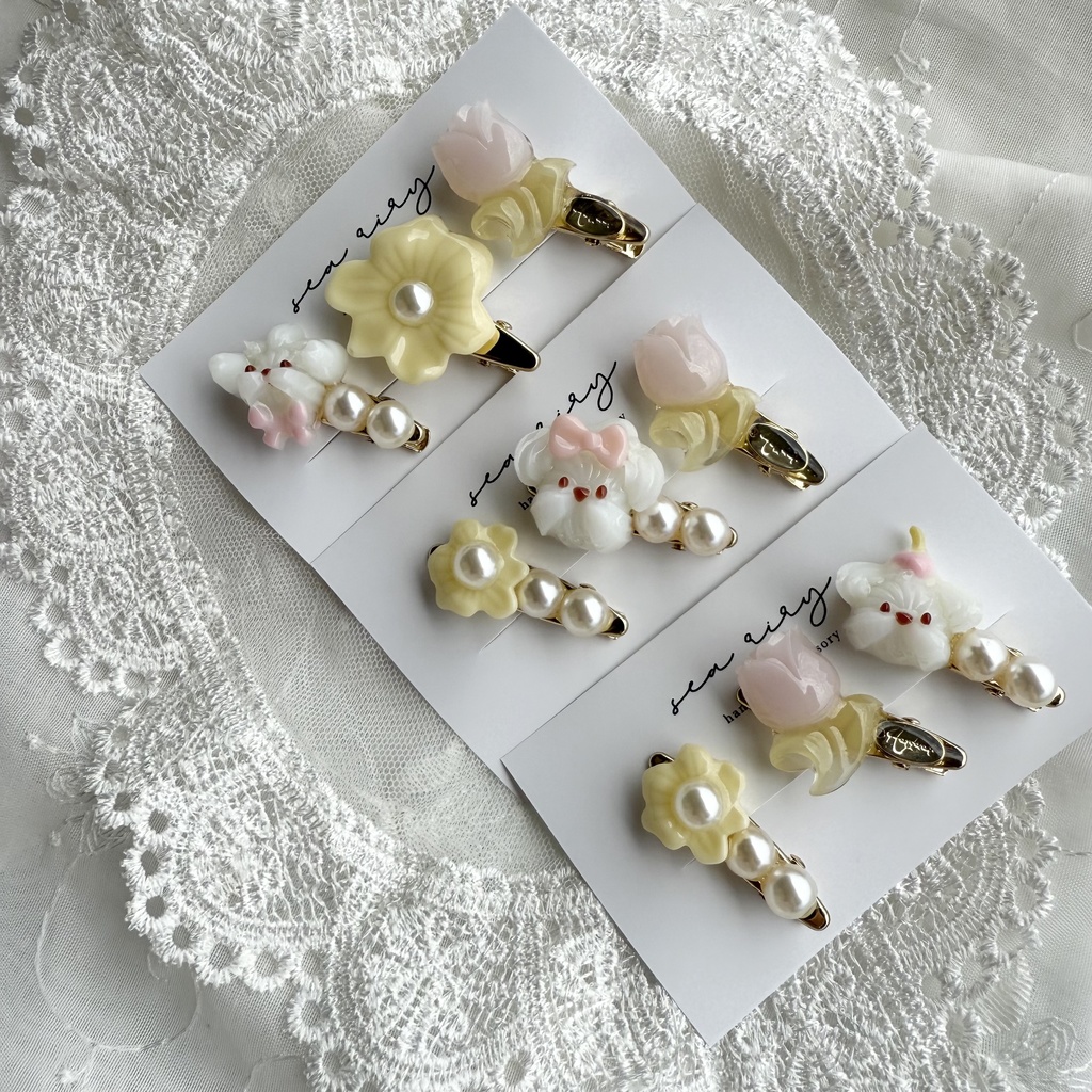 no.125 限定セット ホイップわんちゃんとチューリップのミニヘアクリップ 3本セット お花 いぬ わんちゃん パール ヘアクリップ