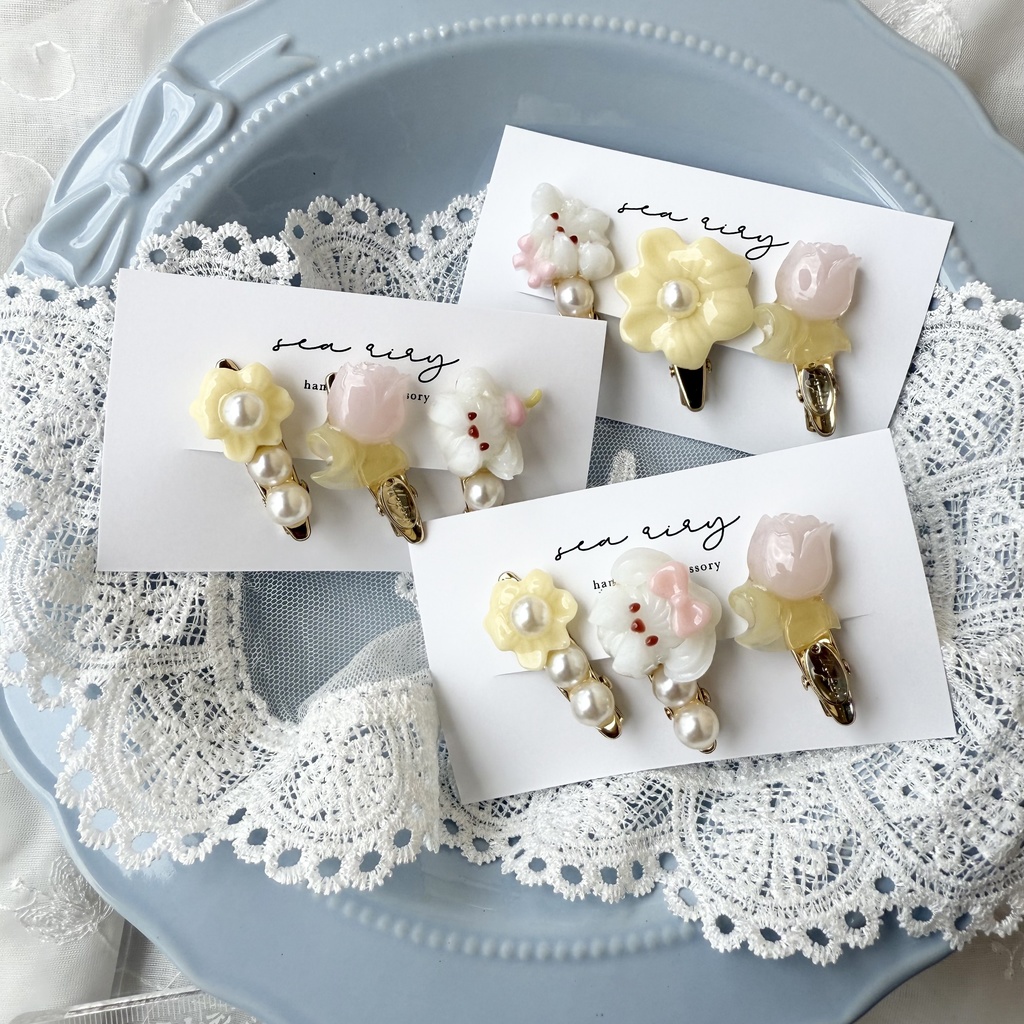 no.125 限定セット ホイップわんちゃんとチューリップのミニヘアクリップ 3本セット お花 いぬ わんちゃん パール ヘアクリップ