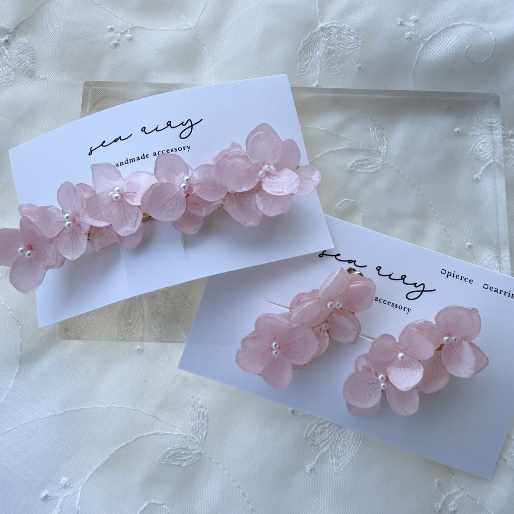 no.127 限定セット ベビーピンクの紫陽花のヘアアクセサリーセット ヘアバレッタ ヘアクリップ 紫陽花 髪飾り 髪留め ハンドメイド