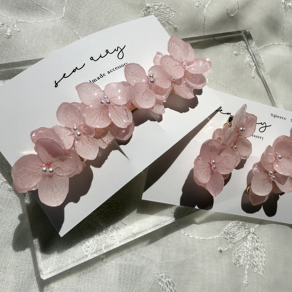 no.127 限定セット ベビーピンクの紫陽花のヘアアクセサリーセット ヘアバレッタ ヘアクリップ 紫陽花 髪飾り 髪留め ハンドメイド