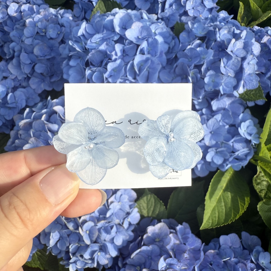 no.129 ベビーブルーの紫陽花ピアス 淡色 ブルー 紫陽花 パール ドライフラワー ステンレス ハンドメイドピアス