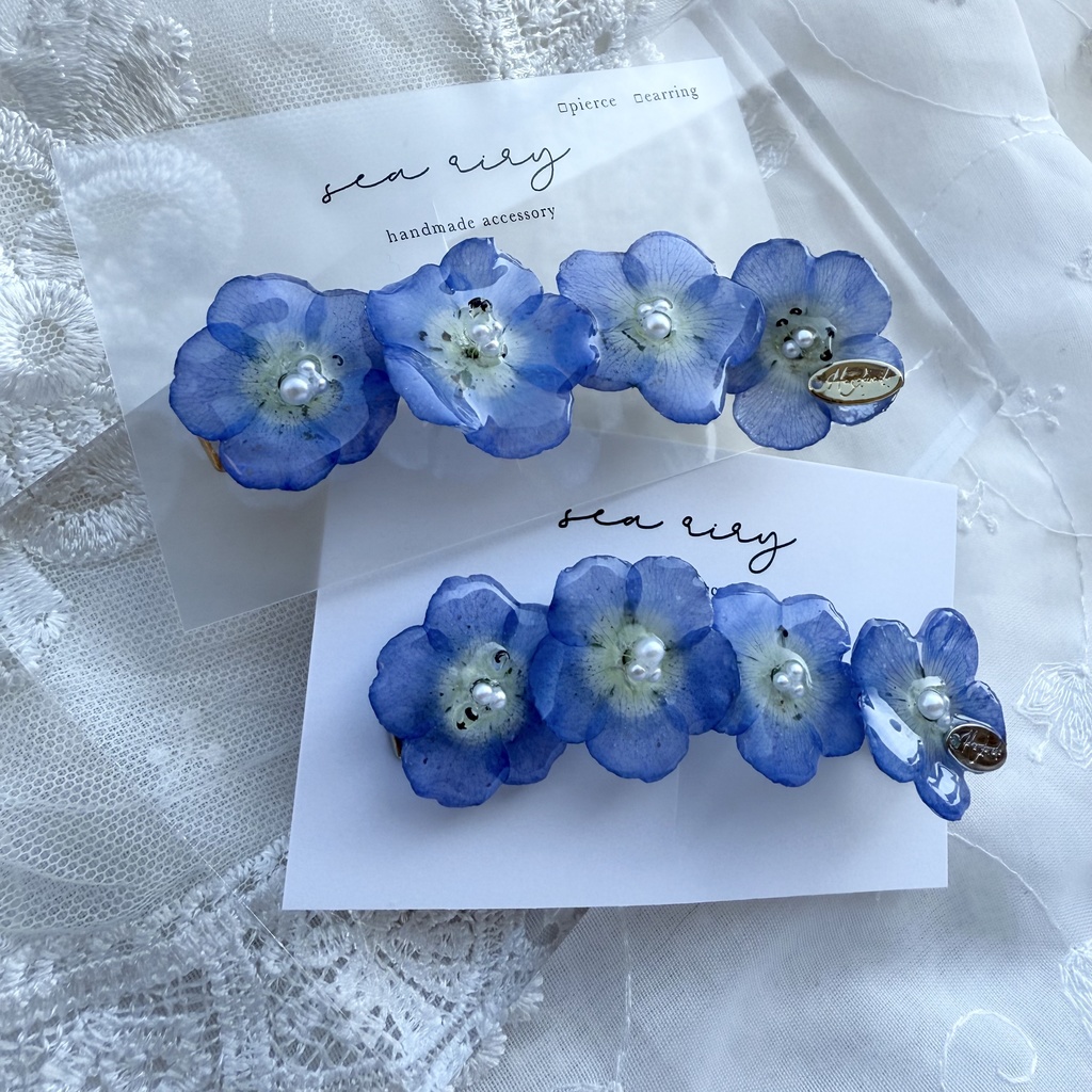 no.134 大人気 再販 ネモフィラのヘアクリップ ネモフィラ ブルー パール フラワー ヘアクリップ レジンクリップ ハンドメイド