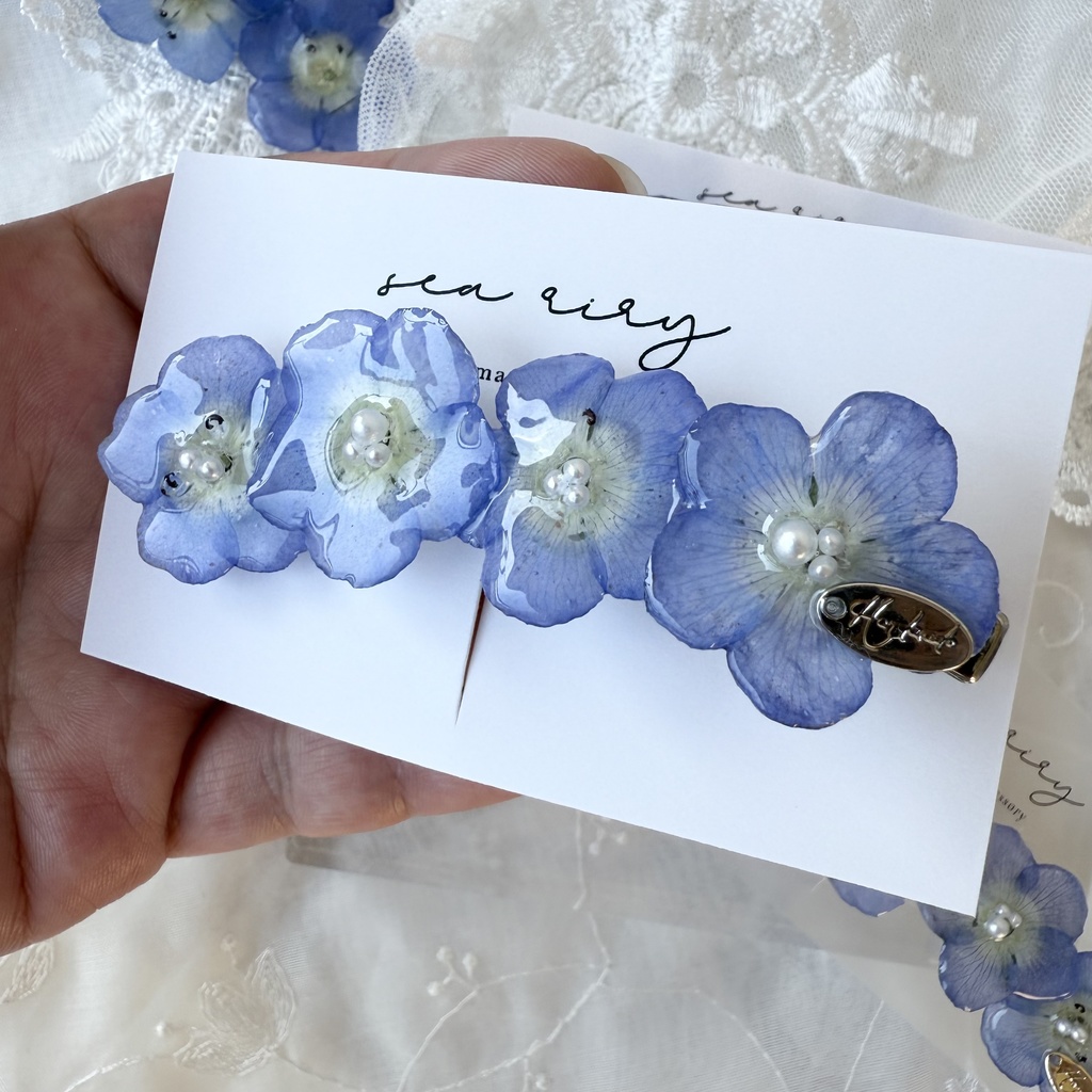 no.134 大人気 再販 ネモフィラのヘアクリップ ネモフィラ ブルー パール フラワー ヘアクリップ レジンクリップ ハンドメイド