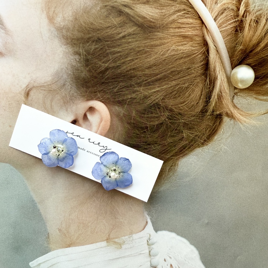 no.135 再販 大人気 ネモフィラのピアス ネモフィラ ブルー パール ドライフラワー ステンレス ピアス ハンドメイドピアス