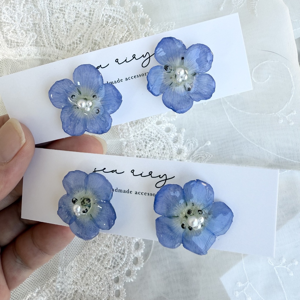 no.135 再販 大人気 ネモフィラのピアス ネモフィラ ブルー パール ドライフラワー ステンレス ピアス ハンドメイドピアス