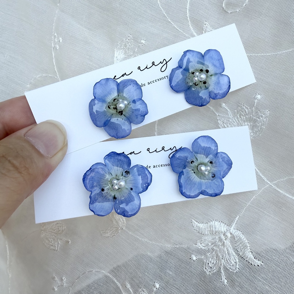 no.135 再販 大人気 ネモフィラのピアス ネモフィラ ブルー パール ドライフラワー ステンレス ピアス ハンドメイドピアス