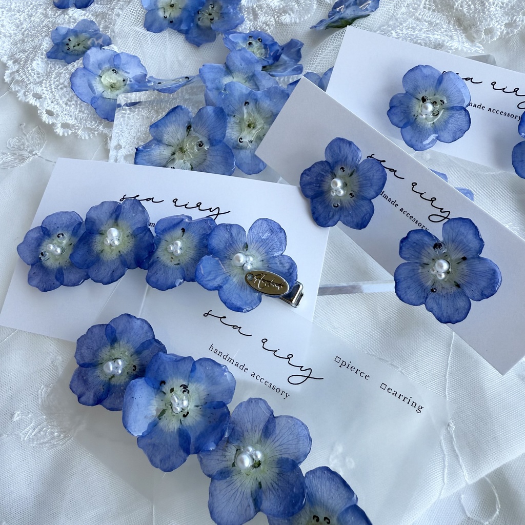 no.135 再販 大人気 ネモフィラのピアス ネモフィラ ブルー パール ドライフラワー ステンレス ピアス ハンドメイドピアス