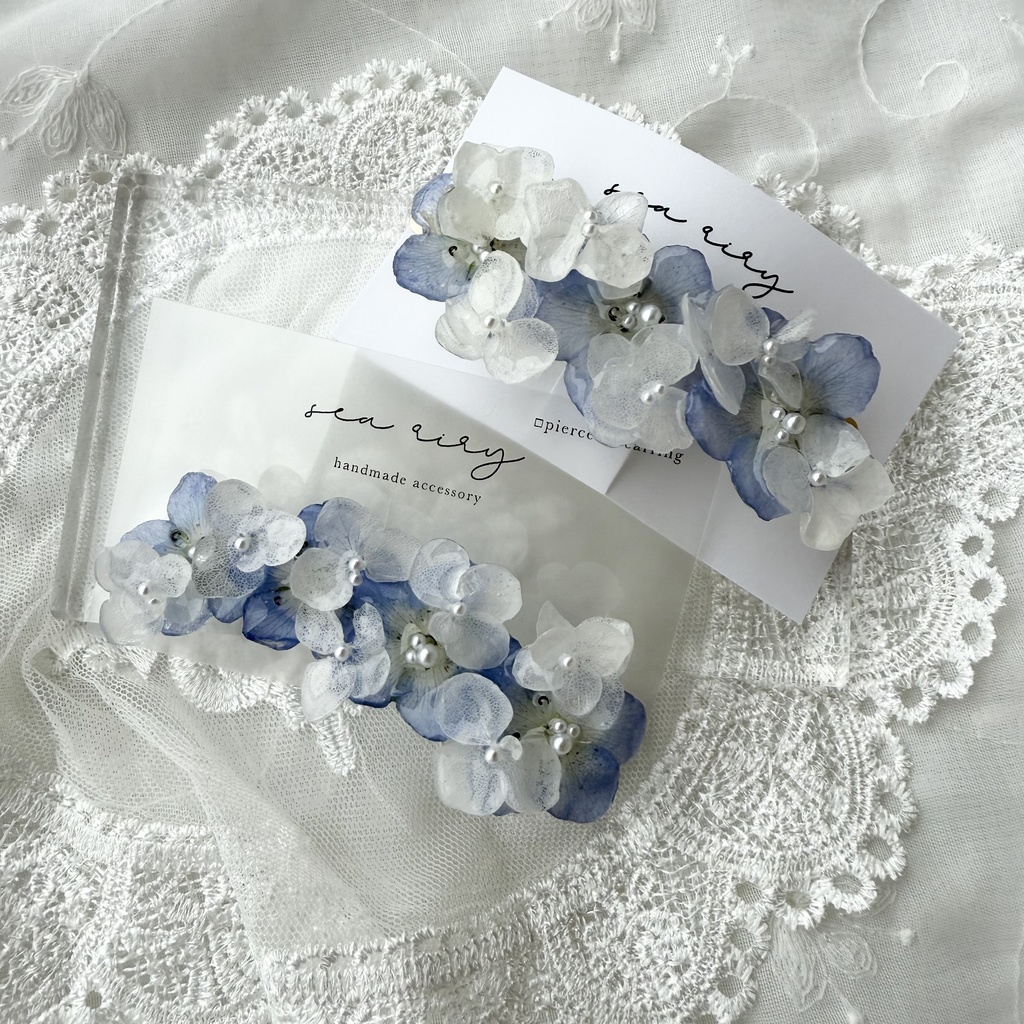 no.141 大人気 再販 ネモフィラとアナベルのヘアクリップ ブルー ホワイト ドライフラワー ヘアクリップ 本物のお花