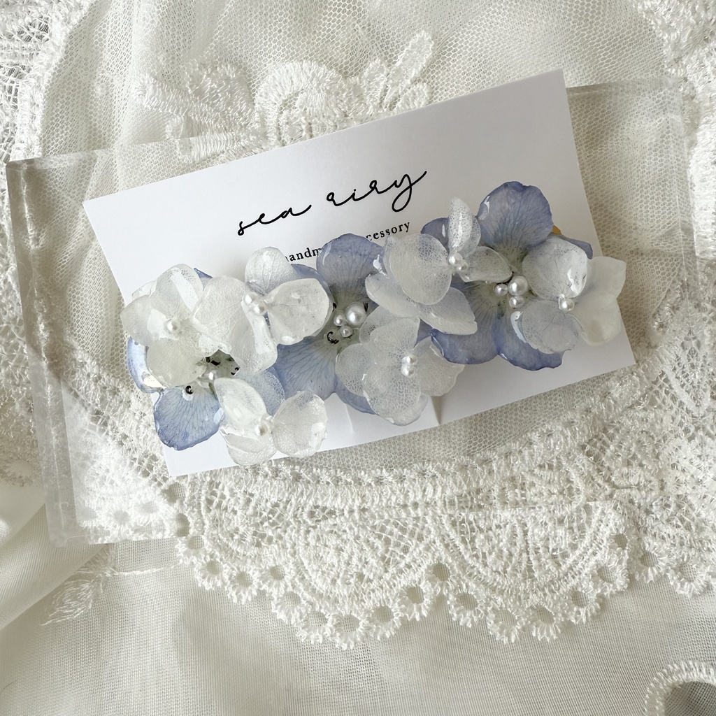 no.142 大人気 再販 ネモフィラとアナベルのヘアバレッタ 本物のお花 ネモフィラ アナベル パール 髪留め 髪飾り ハンドメイド