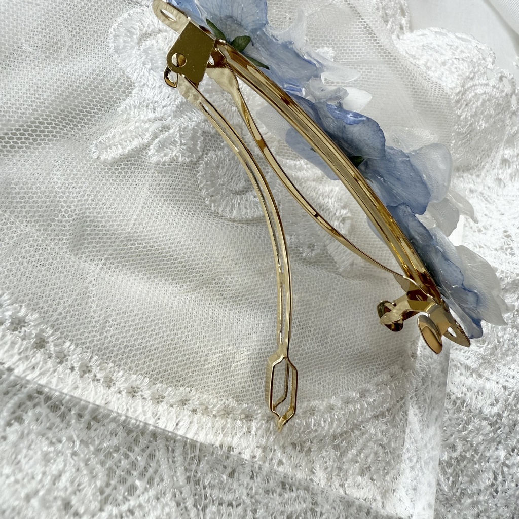 no.142 大人気 再販 ネモフィラとアナベルのヘアバレッタ 本物のお花 ネモフィラ アナベル パール 髪留め 髪飾り ハンドメイド