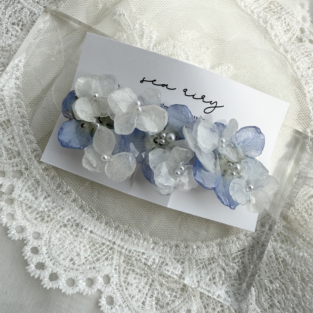 no.142 大人気 再販 ネモフィラとアナベルのヘアバレッタ 本物のお花 ネモフィラ アナベル パール 髪留め 髪飾り ハンドメイド