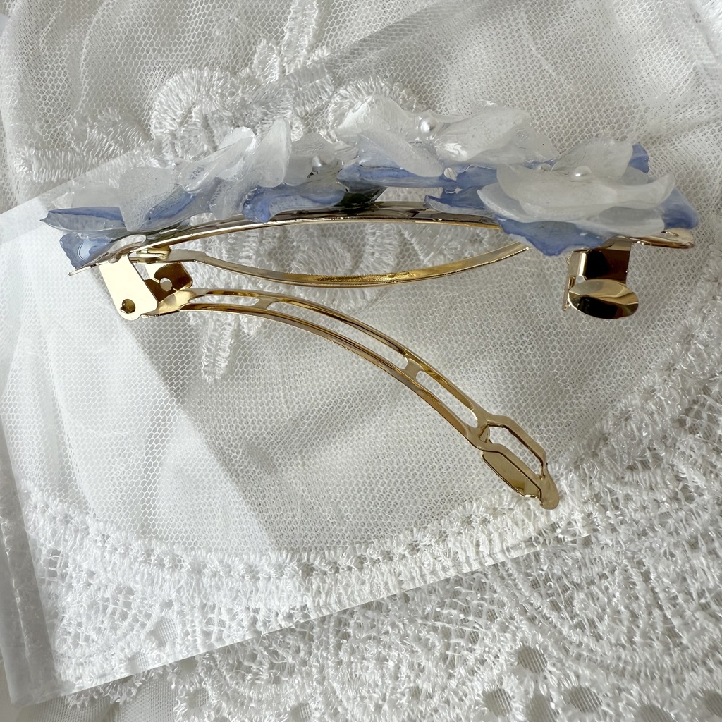 no.142 大人気 再販 ネモフィラとアナベルのヘアバレッタ 本物のお花 ネモフィラ アナベル パール 髪留め 髪飾り ハンドメイド