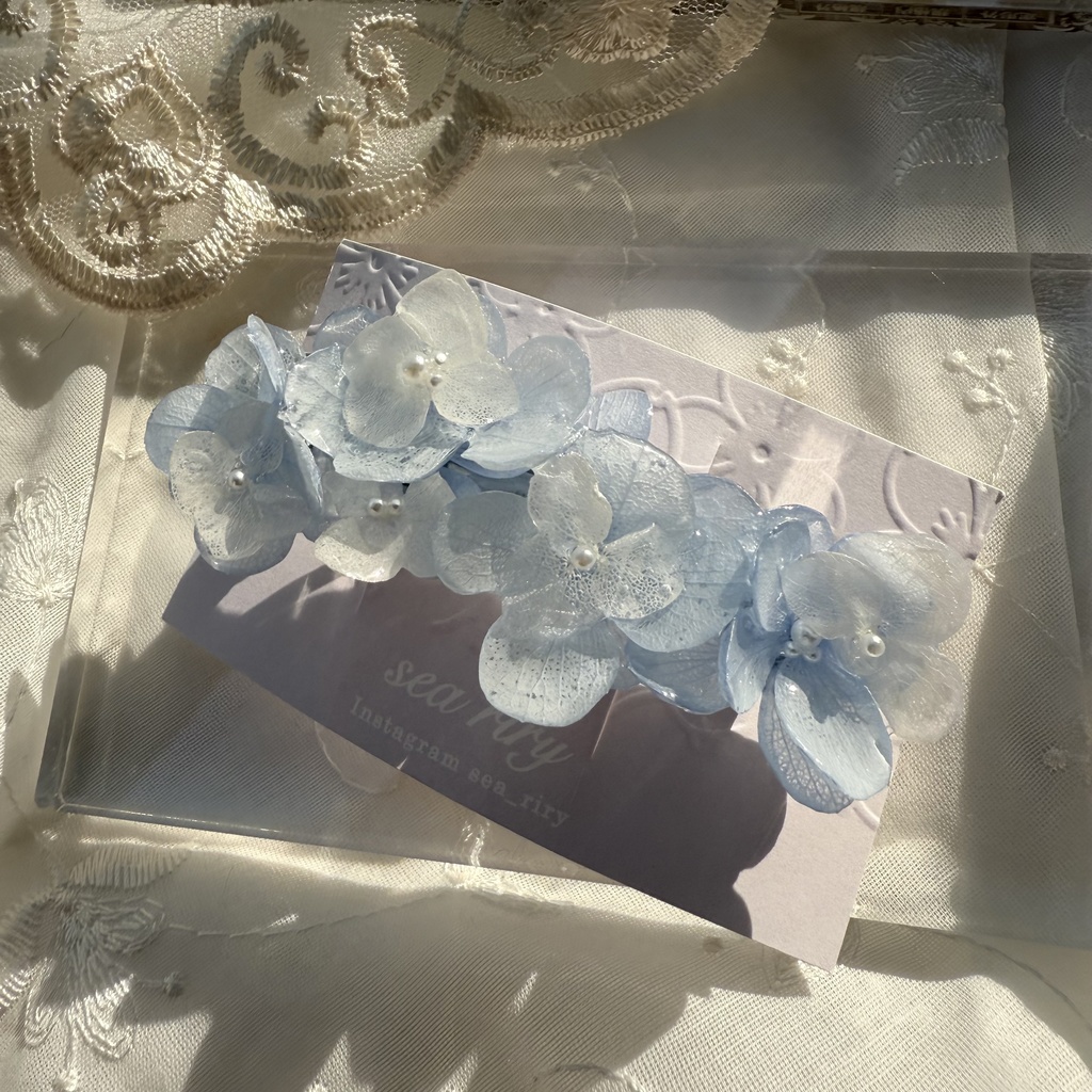 no.144 紫陽花とアナベルのヘアバレッタ ホワイトアナベル パール 本物のお花 ヘアアクセサリー 髪飾り 髪留め ハンドメイド