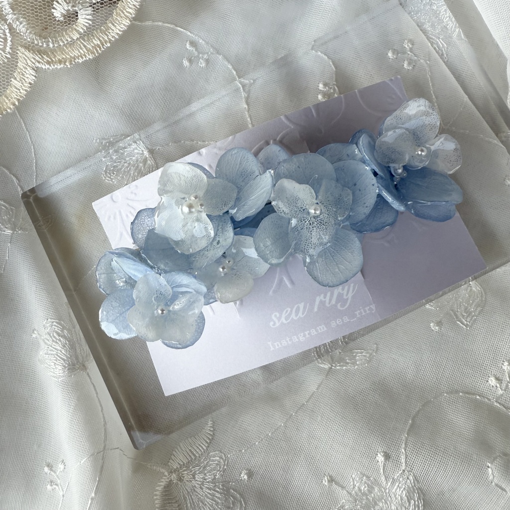 no.144 紫陽花とアナベルのヘアバレッタ ホワイトアナベル パール 本物のお花 ヘアアクセサリー 髪飾り 髪留め ハンドメイド