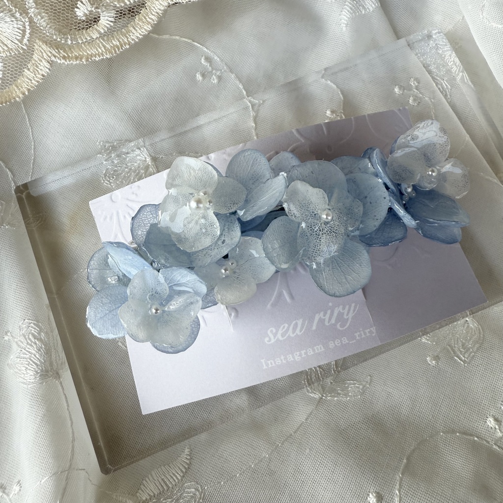 no.144 紫陽花とアナベルのヘアバレッタ ホワイトアナベル パール 本物のお花 ヘアアクセサリー 髪飾り 髪留め ハンドメイド