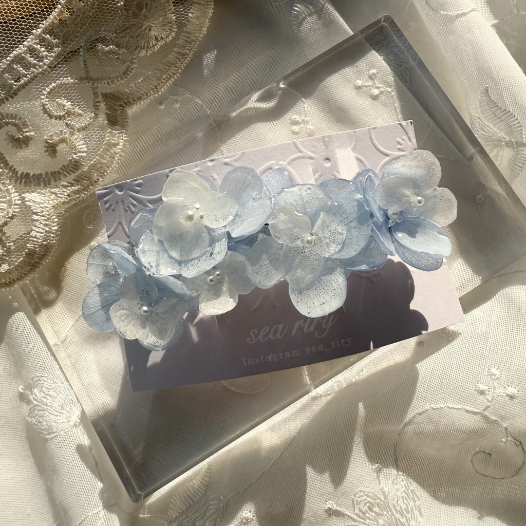 no.144 紫陽花とアナベルのヘアバレッタ ホワイトアナベル パール 本物のお花 ヘアアクセサリー 髪飾り 髪留め ハンドメイド