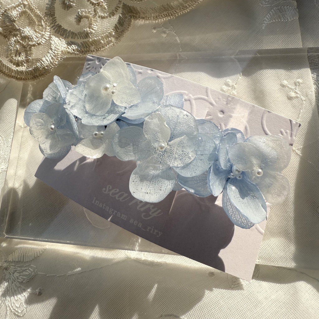 no.144 紫陽花とアナベルのヘアバレッタ ホワイトアナベル パール 本物のお花 ヘアアクセサリー 髪飾り 髪留め ハンドメイド