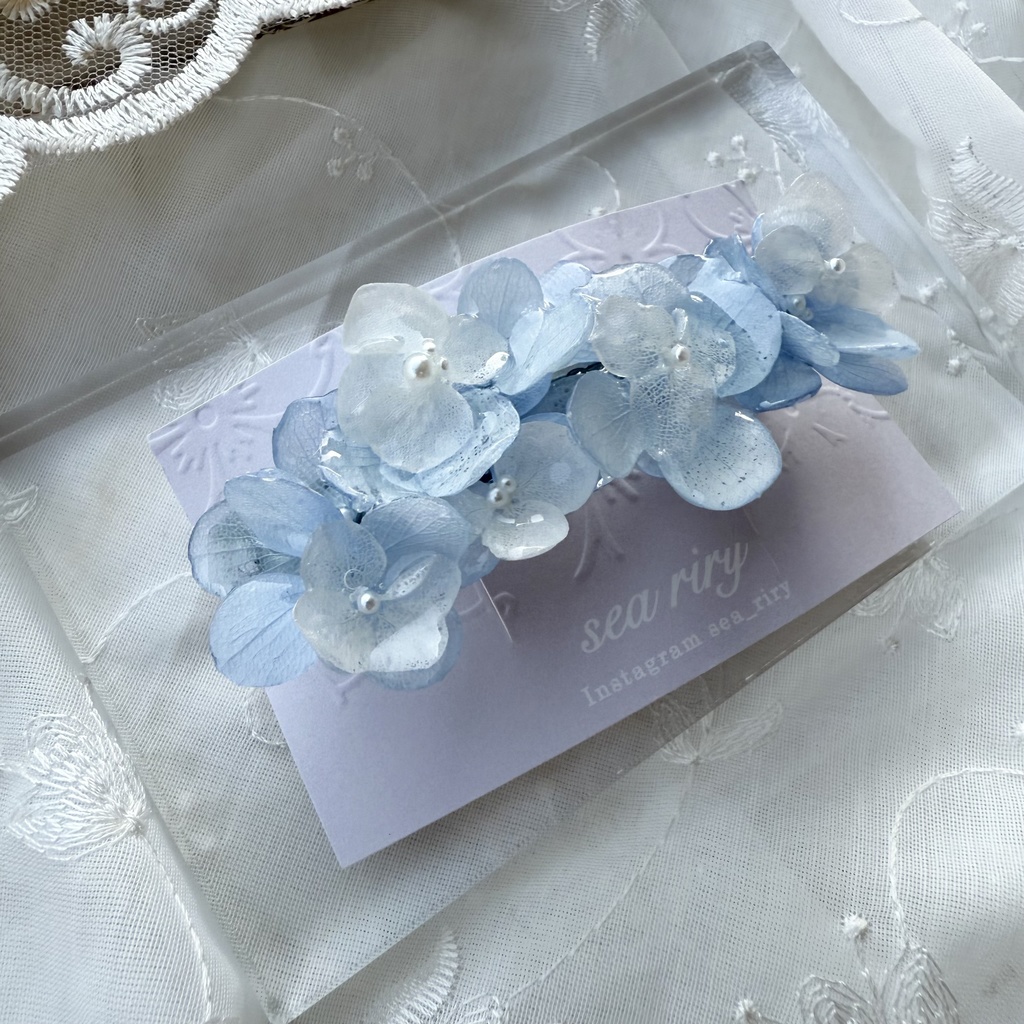 no.144 紫陽花とアナベルのヘアバレッタ ホワイトアナベル パール 本物のお花 ヘアアクセサリー 髪飾り 髪留め ハンドメイド