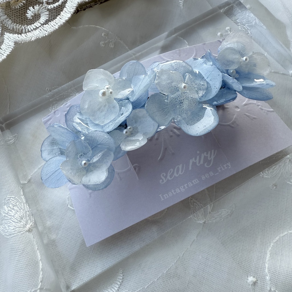 no.144 紫陽花とアナベルのヘアバレッタ ホワイトアナベル パール 本物のお花 ヘアアクセサリー 髪飾り 髪留め ハンドメイド