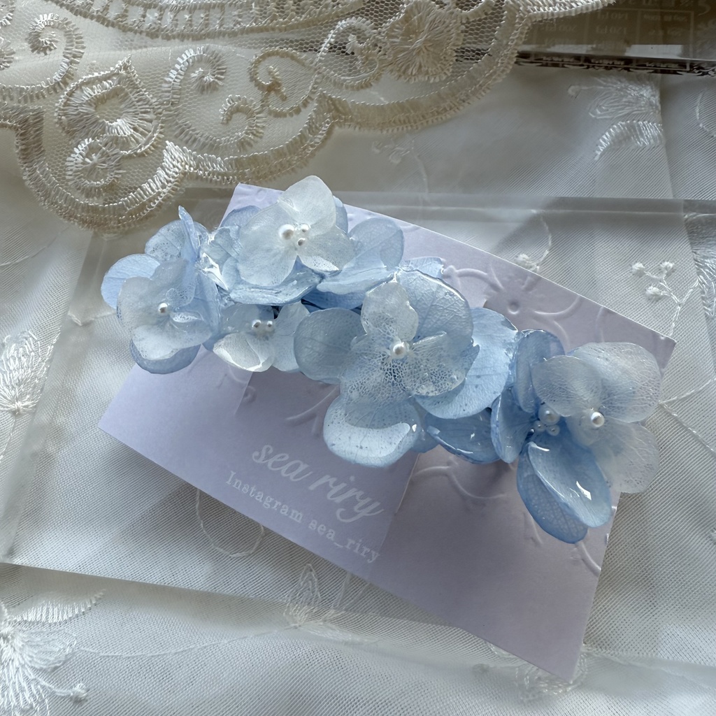 no.144 紫陽花とアナベルのヘアバレッタ ホワイトアナベル パール 本物のお花 ヘアアクセサリー 髪飾り 髪留め ハンドメイド