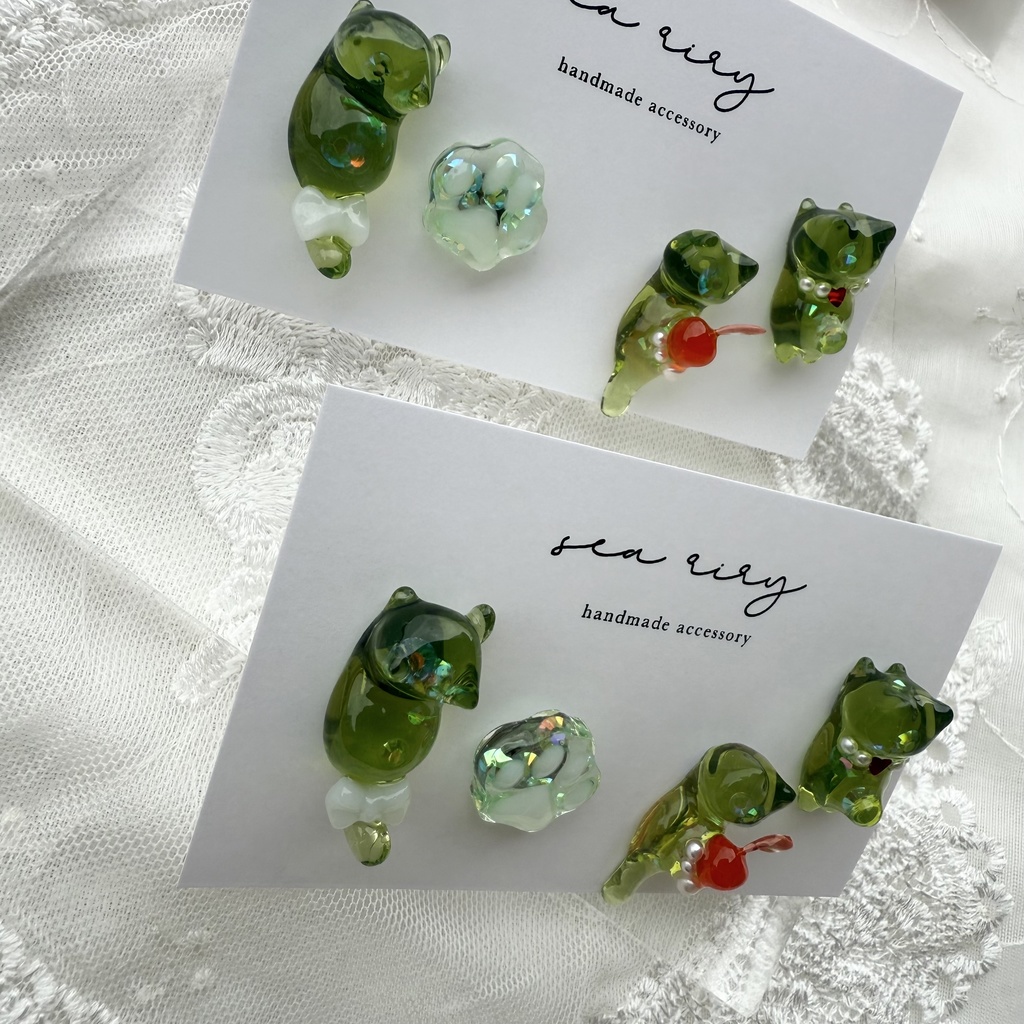 no.150 限定セット クリームソーダのねこちゃん ピアスセット クリームソーダ さくらんぼ パール 猫 ねこ ステンレス ハンドメイドピアス