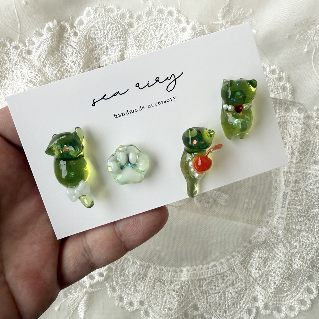 no.150 限定セット クリームソーダのねこちゃん ピアスセット クリームソーダ さくらんぼ パール 猫 ねこ ステンレス ハンドメイドピアス