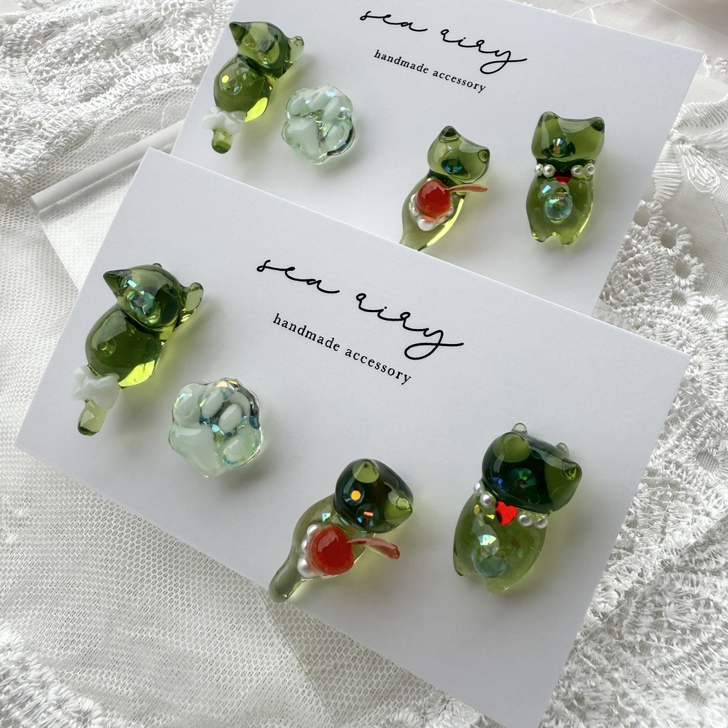 no.150 限定セット クリームソーダのねこちゃん ピアスセット クリームソーダ さくらんぼ パール 猫 ねこ ステンレス ハンドメイドピアス