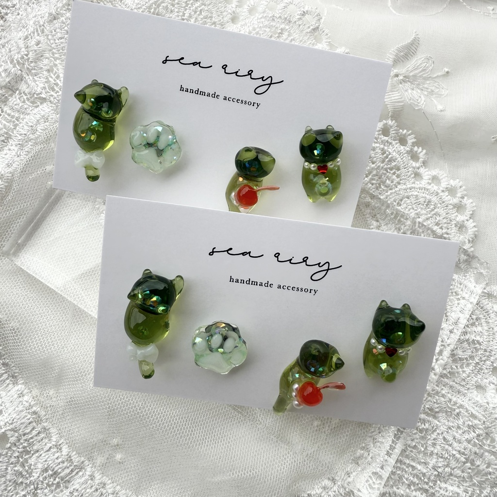 no.150 限定セット クリームソーダのねこちゃん ピアスセット クリームソーダ さくらんぼ パール 猫 ねこ ステンレス ハンドメイドピアス