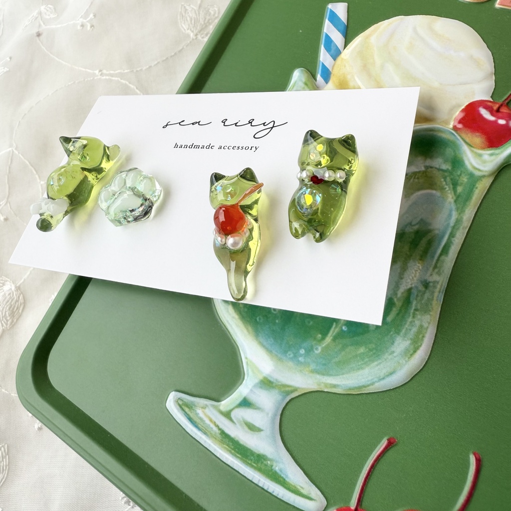 no.150 限定セット クリームソーダのねこちゃん ピアスセット クリームソーダ さくらんぼ パール 猫 ねこ ステンレス ハンドメイドピアス