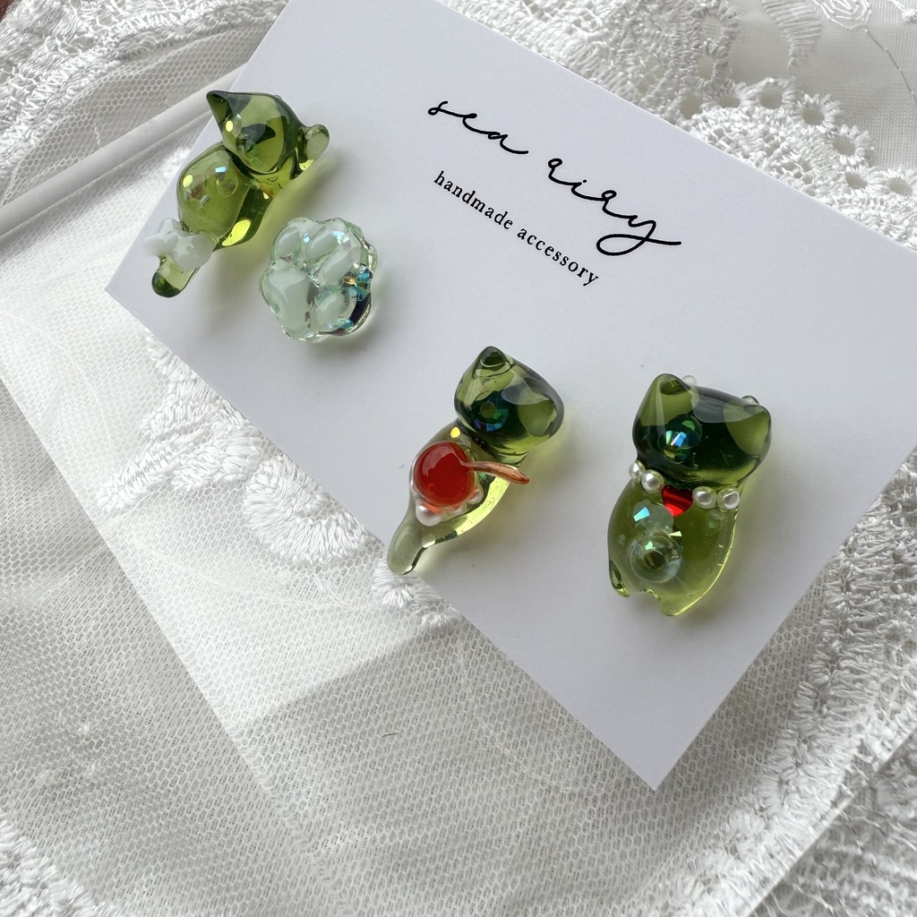 no.150 限定セット クリームソーダのねこちゃん ピアスセット クリームソーダ さくらんぼ パール 猫 ねこ ステンレス ハンドメイドピアス