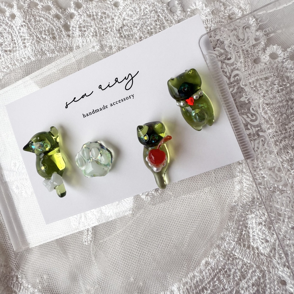 no.150 限定セット クリームソーダのねこちゃん ピアスセット クリームソーダ さくらんぼ パール 猫 ねこ ステンレス ハンドメイドピアス