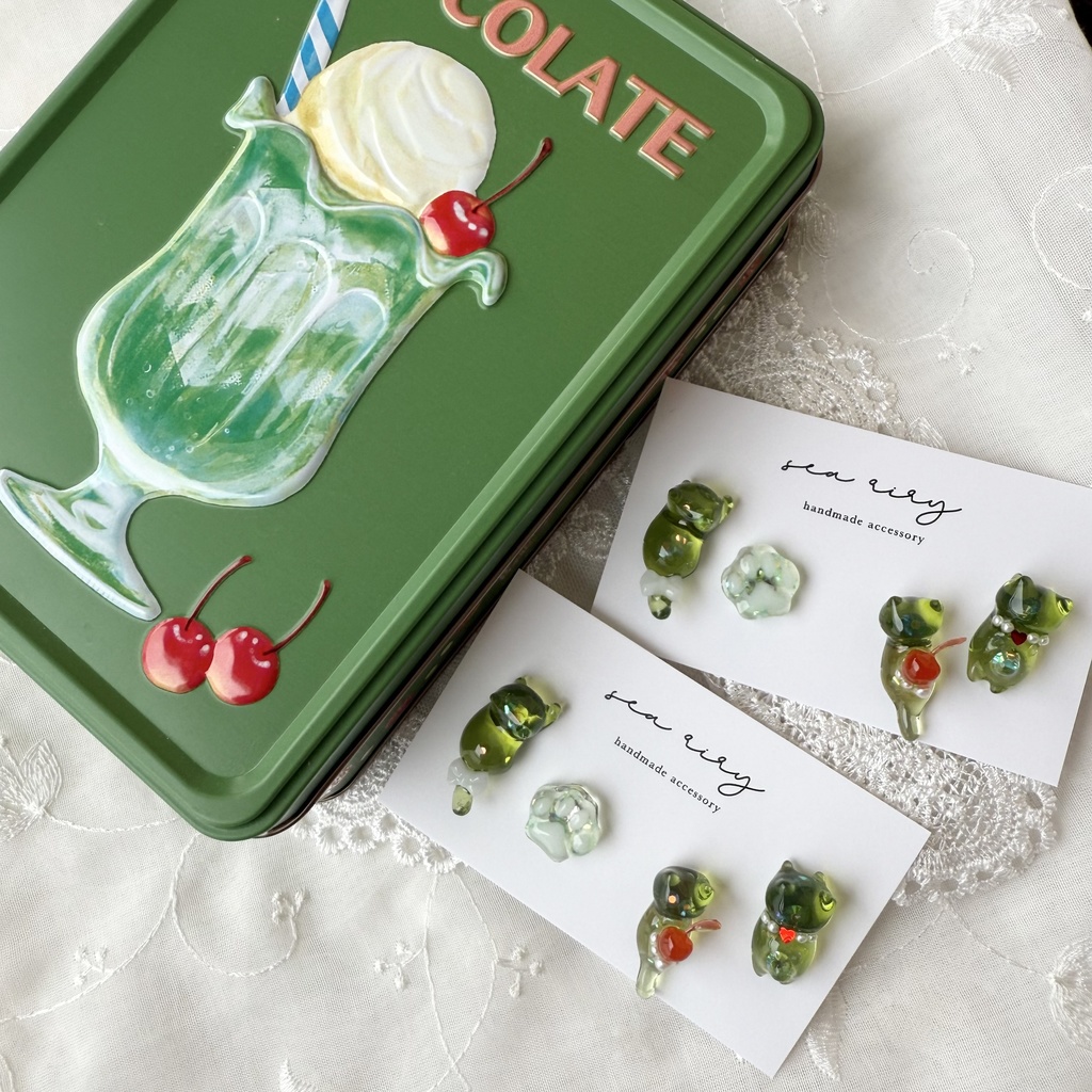 no.150 限定セット クリームソーダのねこちゃん ピアスセット クリームソーダ さくらんぼ パール 猫 ねこ ステンレス ハンドメイドピアス