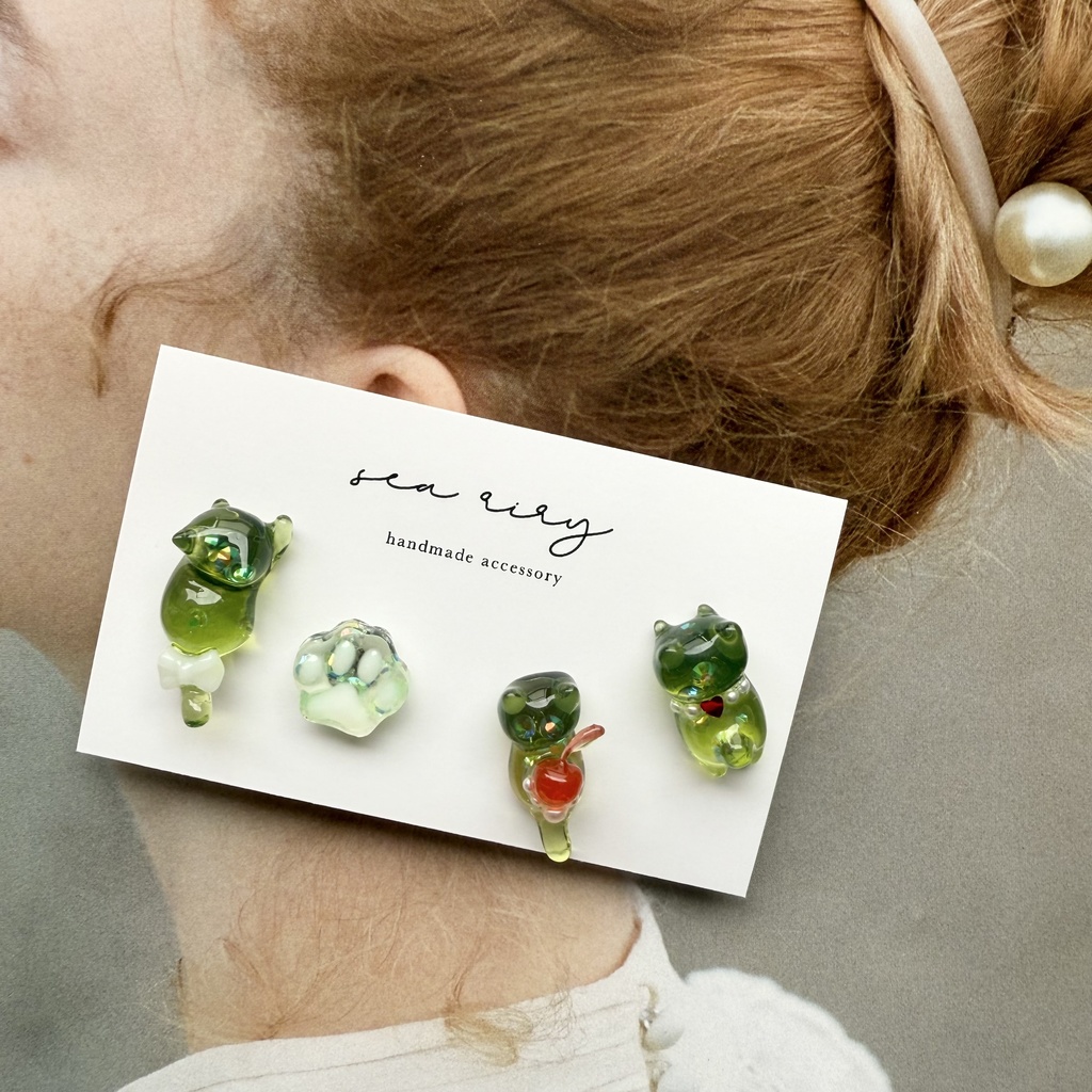 no.150 限定セット クリームソーダのねこちゃん ピアスセット クリームソーダ さくらんぼ パール 猫 ねこ ステンレス ハンドメイドピアス