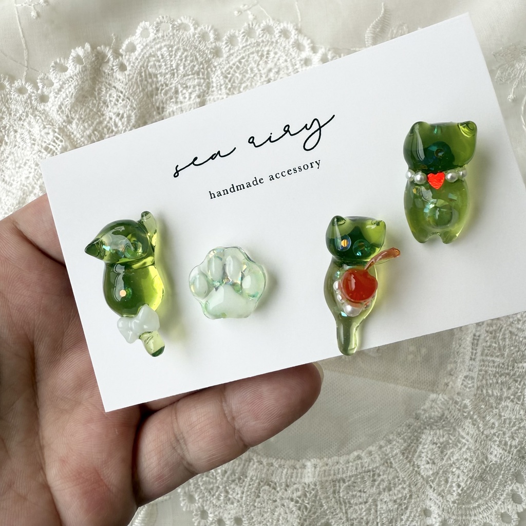 no.150 限定セット クリームソーダのねこちゃん ピアスセット クリームソーダ さくらんぼ パール 猫 ねこ ステンレス ハンドメイドピアス