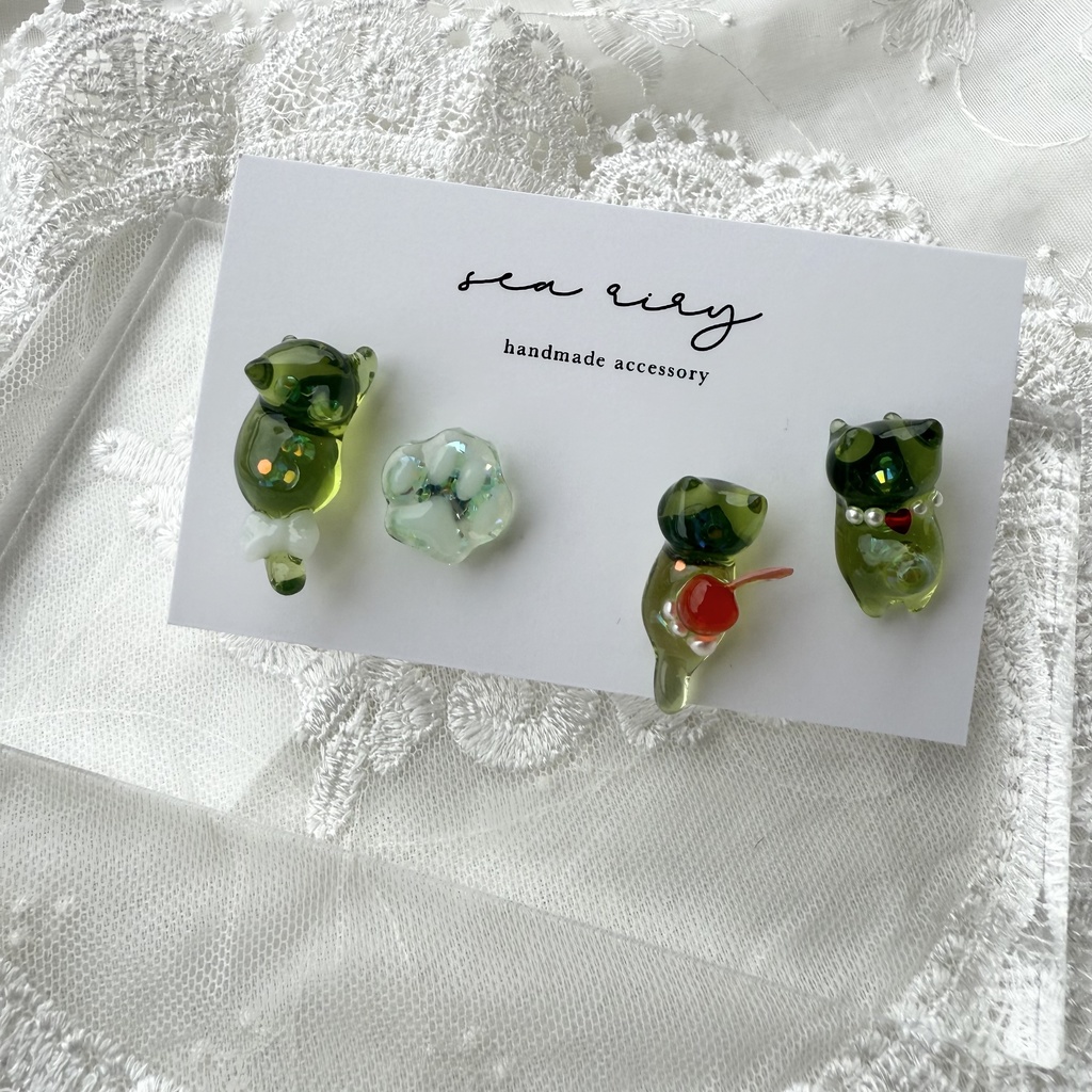 no.150 限定セット クリームソーダのねこちゃん ピアスセット クリームソーダ さくらんぼ パール 猫 ねこ ステンレス ハンドメイドピアス