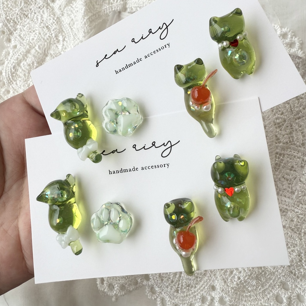 no.150 限定セット クリームソーダのねこちゃん ピアスセット クリームソーダ さくらんぼ パール 猫 ねこ ステンレス ハンドメイドピアス