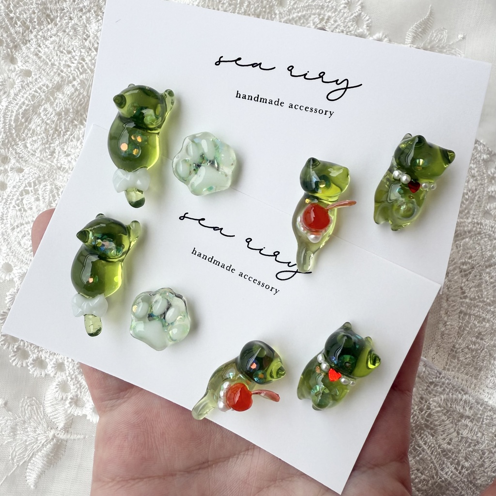 no.150 限定セット クリームソーダのねこちゃん ピアスセット クリームソーダ さくらんぼ パール 猫 ねこ ステンレス ハンドメイドピアス