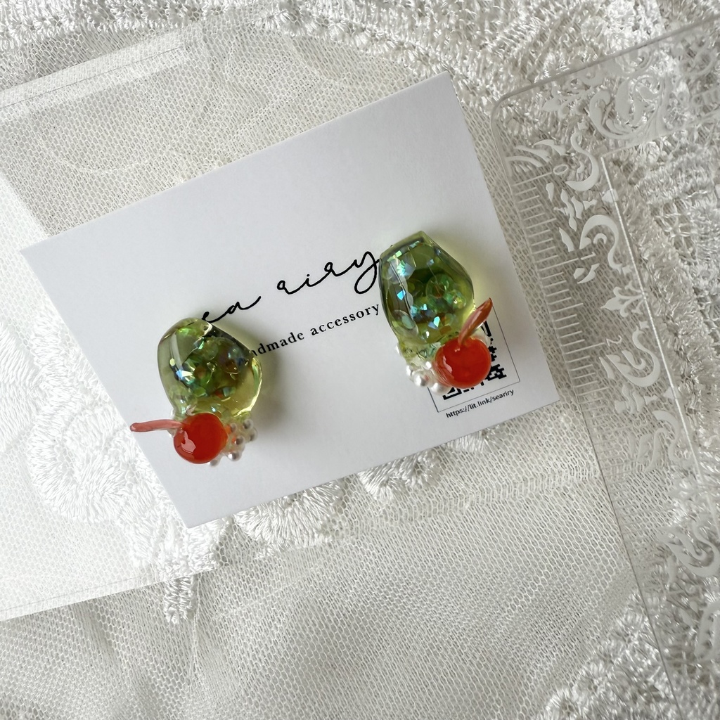 no.151 クリームソーダ さくらんぼ パール チェリー メロンソーダ ステンレス ピアス ハンドメイドピアス