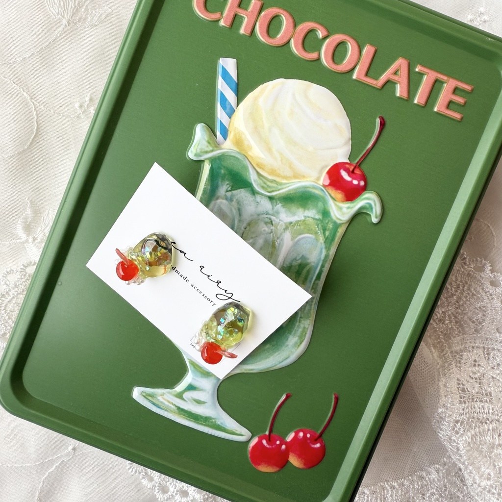 no.151 クリームソーダ さくらんぼ パール チェリー メロンソーダ ステンレス ピアス ハンドメイドピアス