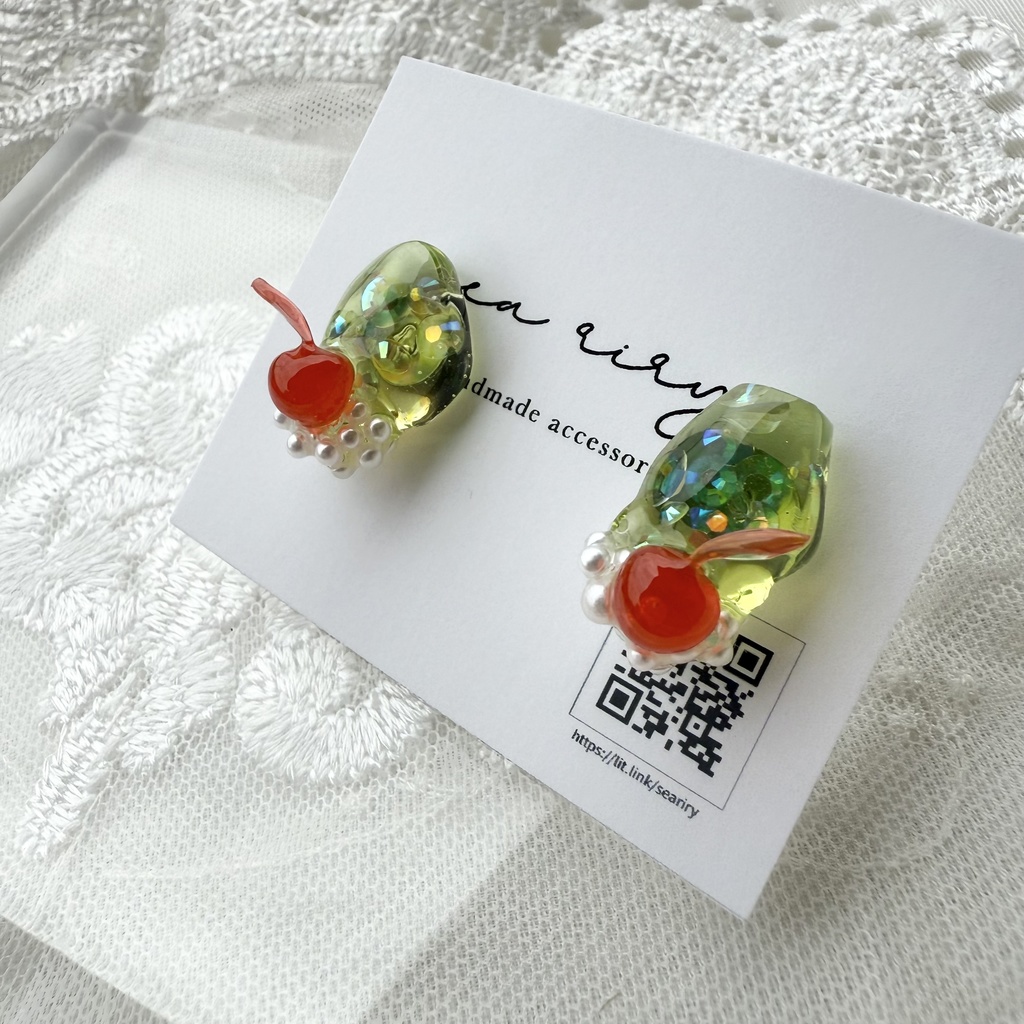 no.151 クリームソーダ さくらんぼ パール チェリー メロンソーダ ステンレス ピアス ハンドメイドピアス