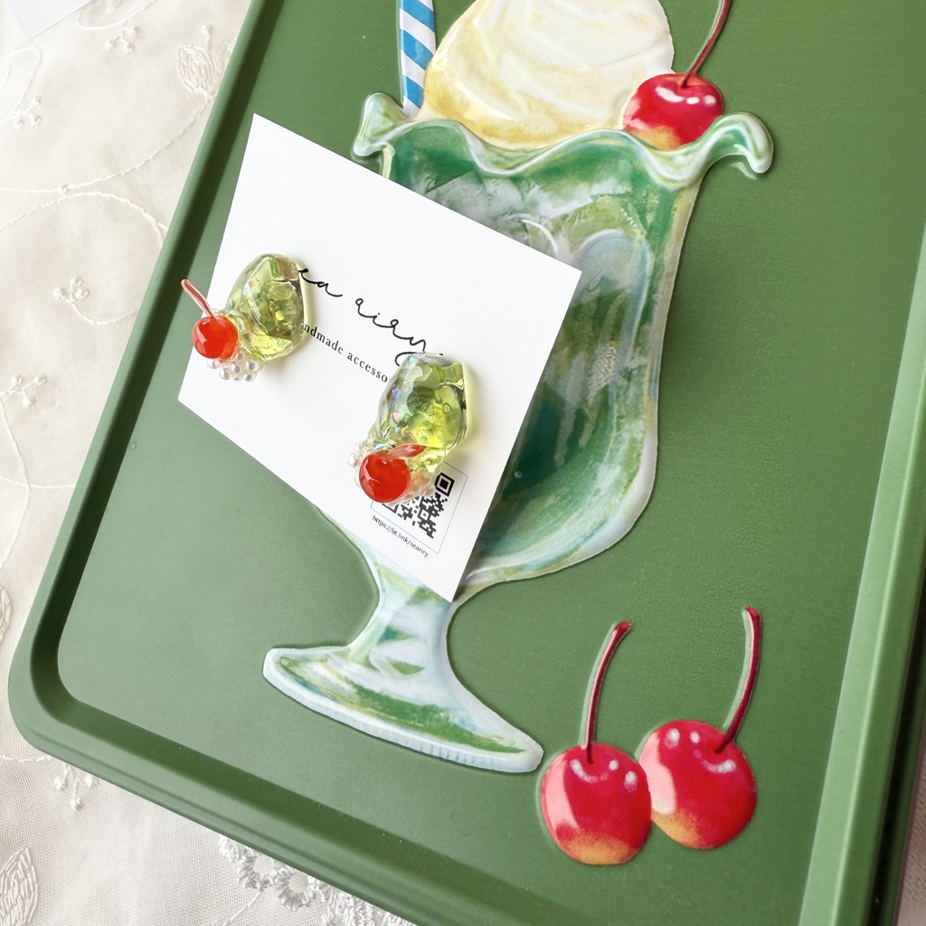 no.151 クリームソーダ さくらんぼ パール チェリー メロンソーダ ステンレス ピアス ハンドメイドピアス