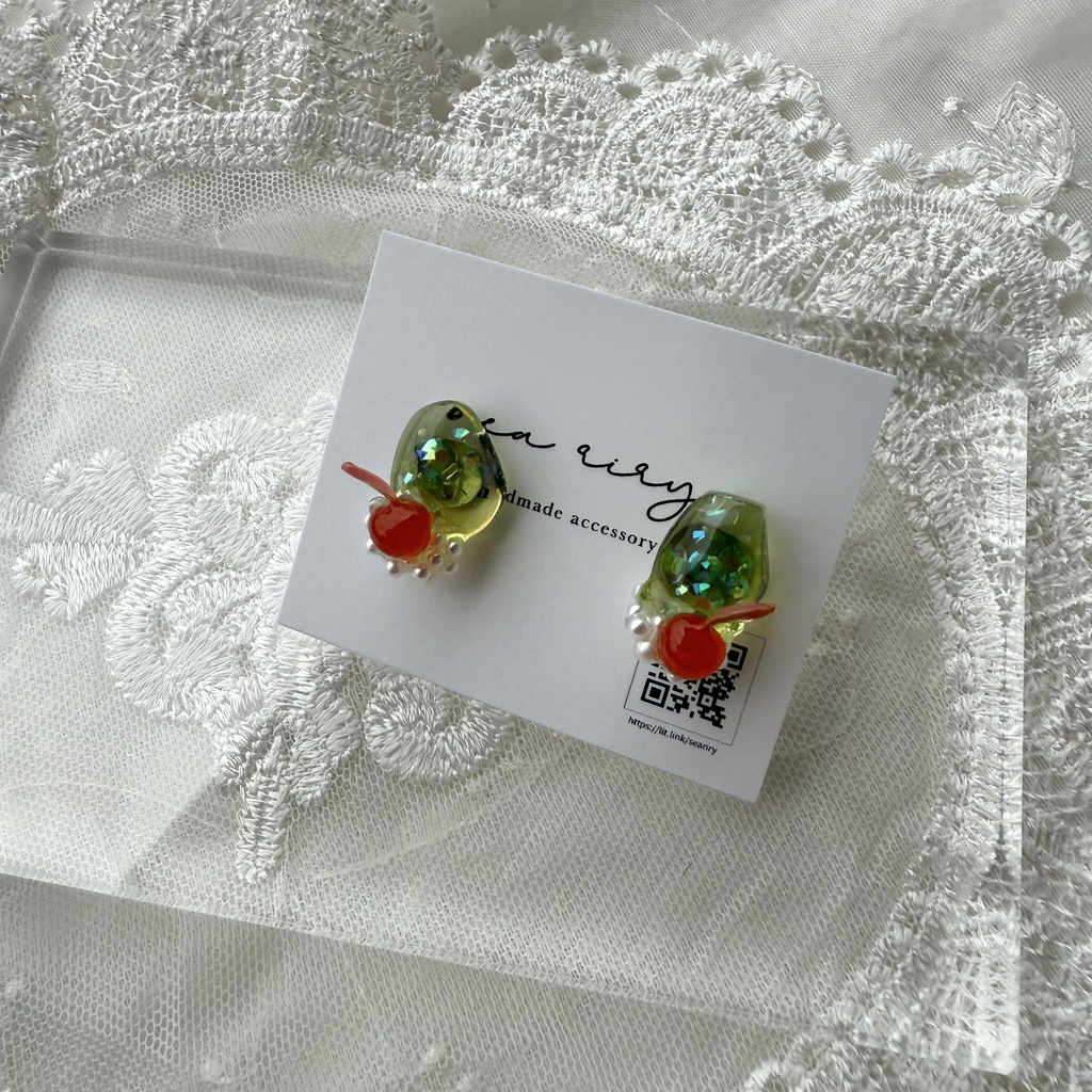 no.151 クリームソーダ さくらんぼ パール チェリー メロンソーダ ステンレス ピアス ハンドメイドピアス