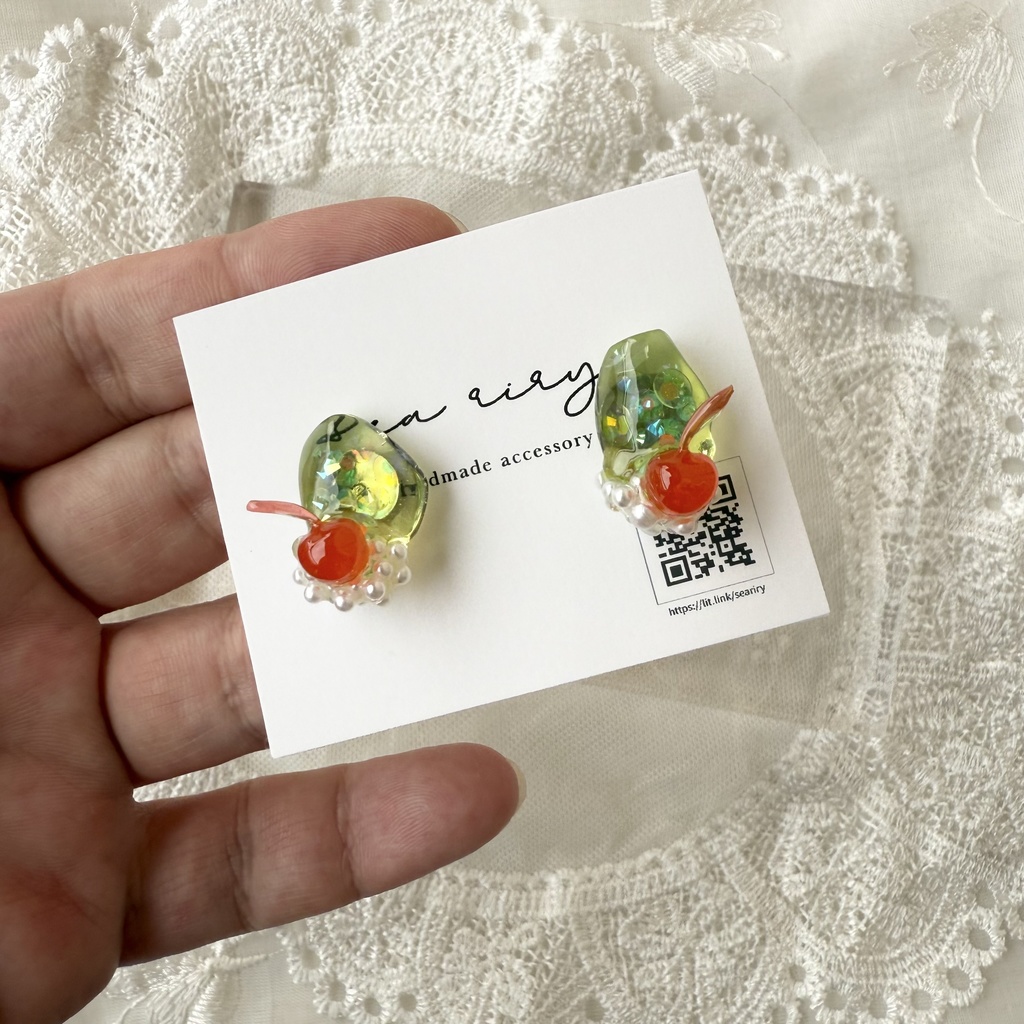 no.151 クリームソーダ さくらんぼ パール チェリー メロンソーダ ステンレス ピアス ハンドメイドピアス