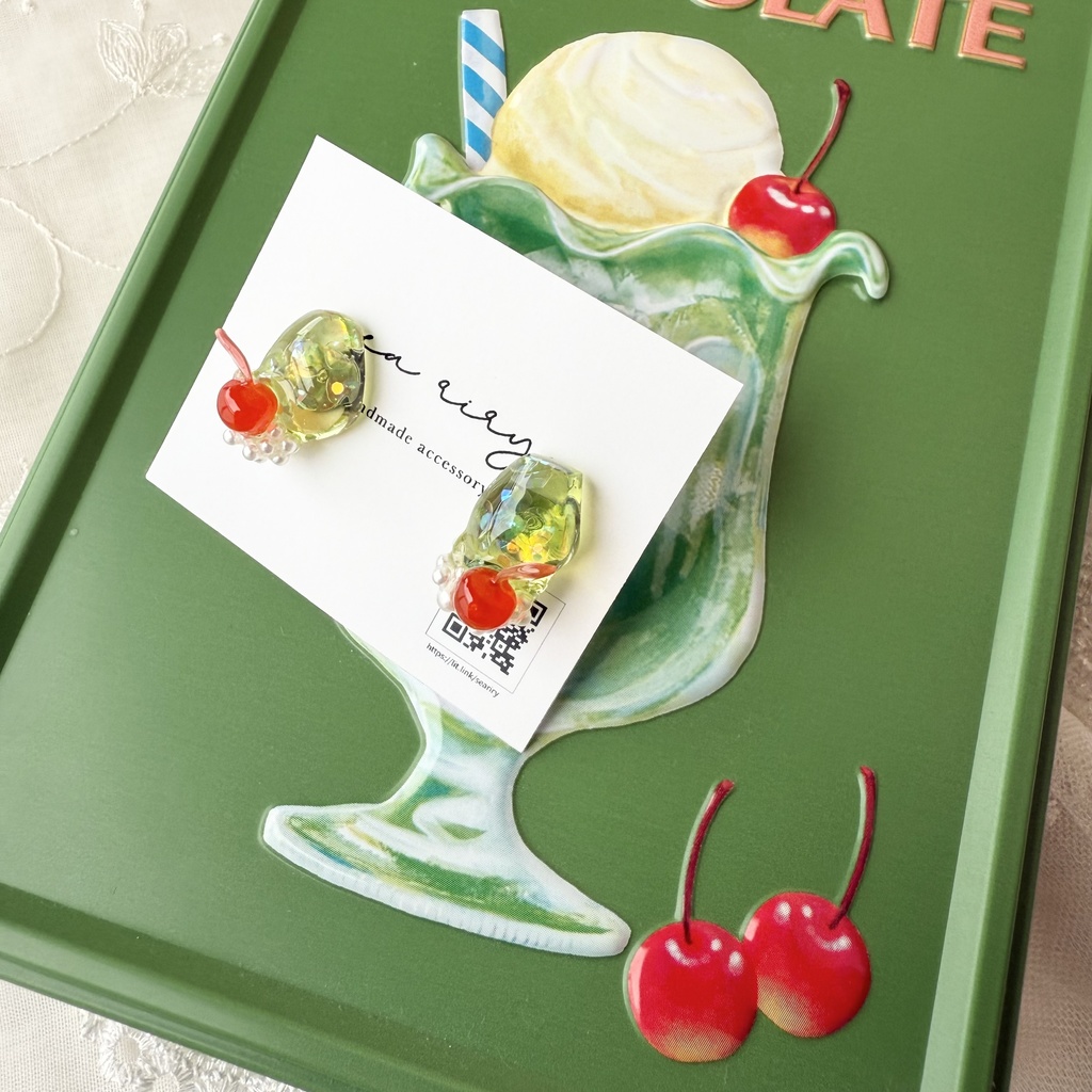 no.151 クリームソーダ さくらんぼ パール チェリー メロンソーダ ステンレス ピアス ハンドメイドピアス