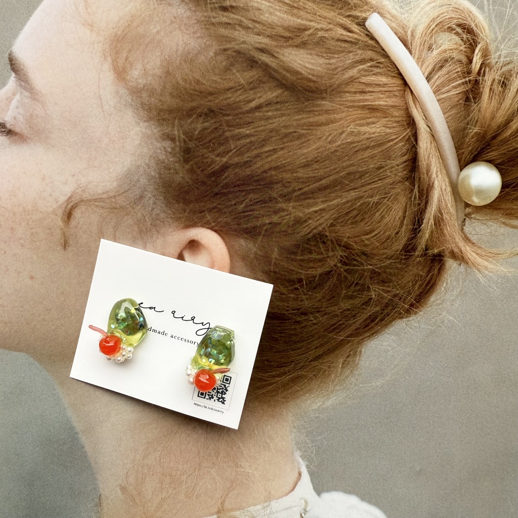 no.151 クリームソーダ さくらんぼ パール チェリー メロンソーダ ステンレス ピアス ハンドメイドピアス