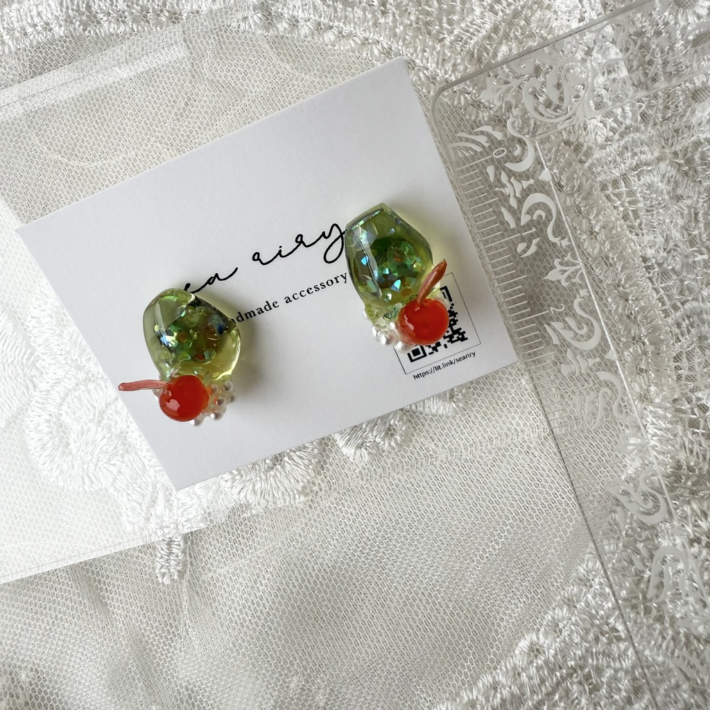 no.151 クリームソーダ さくらんぼ パール チェリー メロンソーダ ステンレス ピアス ハンドメイドピアス