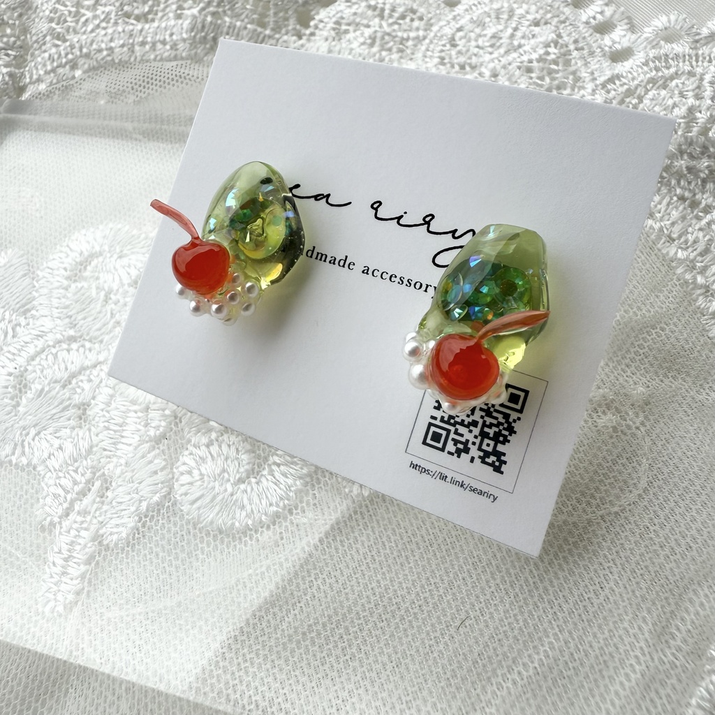 no.151 クリームソーダ さくらんぼ パール チェリー メロンソーダ ステンレス ピアス ハンドメイドピアス