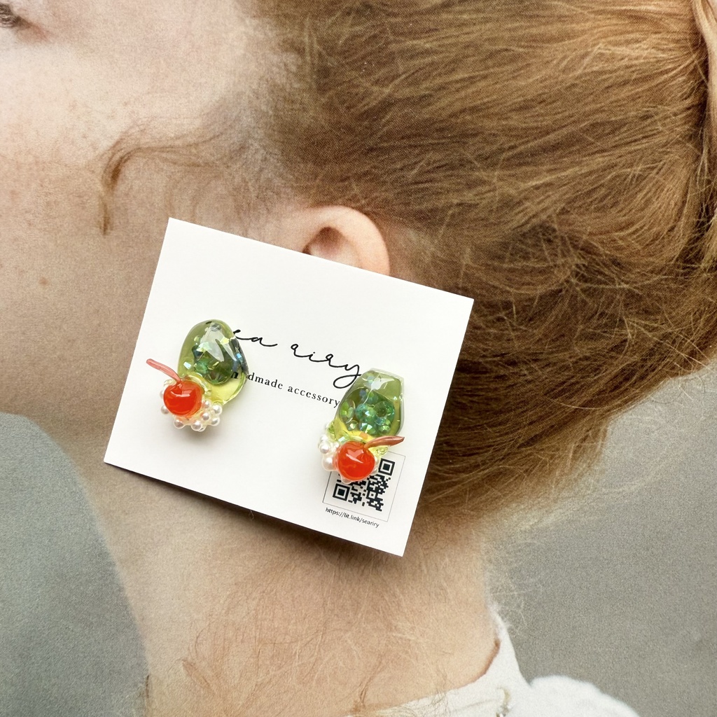 no.151 クリームソーダ さくらんぼ パール チェリー メロンソーダ ステンレス ピアス ハンドメイドピアス