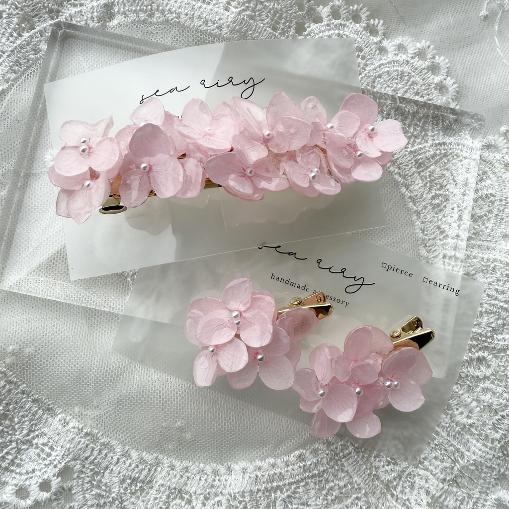 no.153 限定セット ベビーピンクの紫陽花のヘアバレッタとヘアクリップ セット 本物のお花 パール 髪飾り 髪留め 浴衣 夏祭り